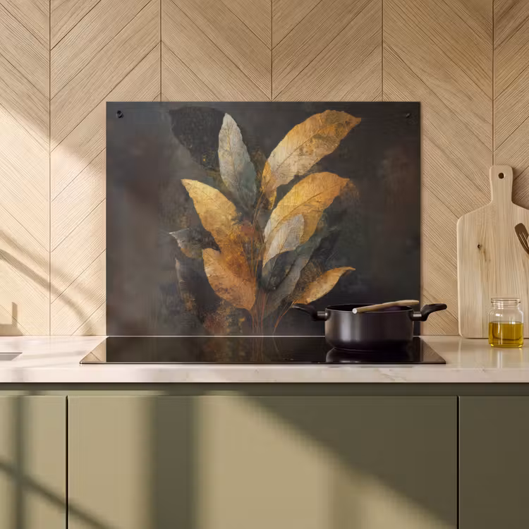2-in-1 Herdabdeckplatte & Spritzschutz - Golden Leaf Komposition - Botanical Luxury - Gouden Bladcompositie – Botanische Luxe Inductie beschemer met haakjes klein