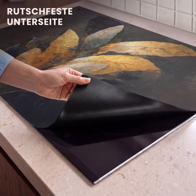 2-in-1 Herdabdeckplatte & Spritzschutz - Golden Leaf Komposition - Botanical Luxury - Gouden Bladcompositie – Botanische Luxe Inductie beschemer met haakjes klein