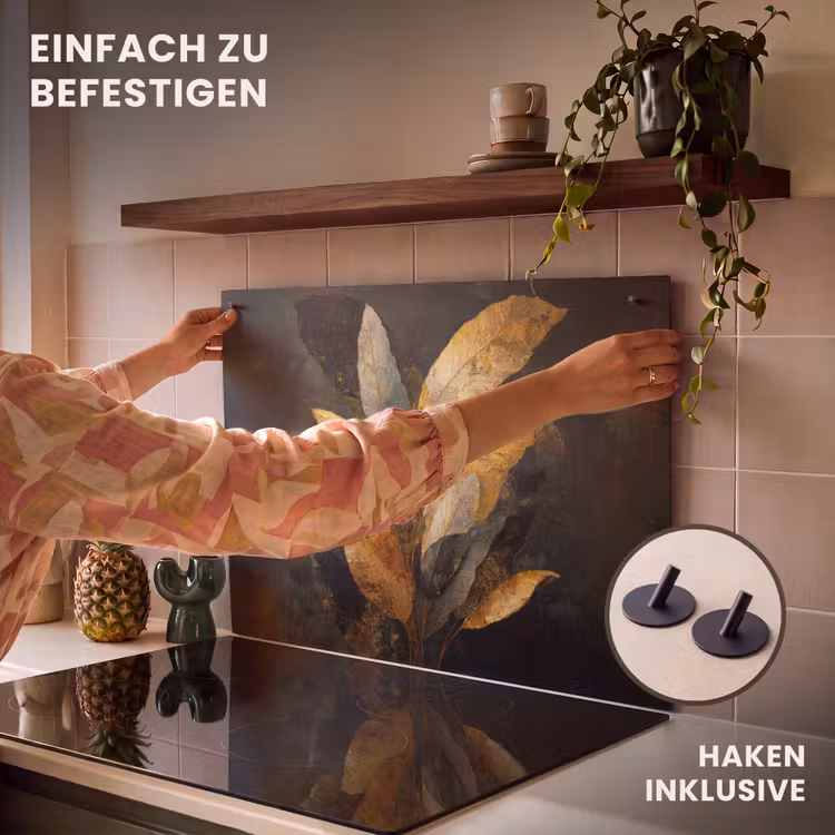 2-in-1 Herdabdeckplatte & Spritzschutz - Golden Leaf Komposition - Botanical Luxury - Gouden Bladcompositie – Botanische Luxe Inductie beschemer met haakjes klein