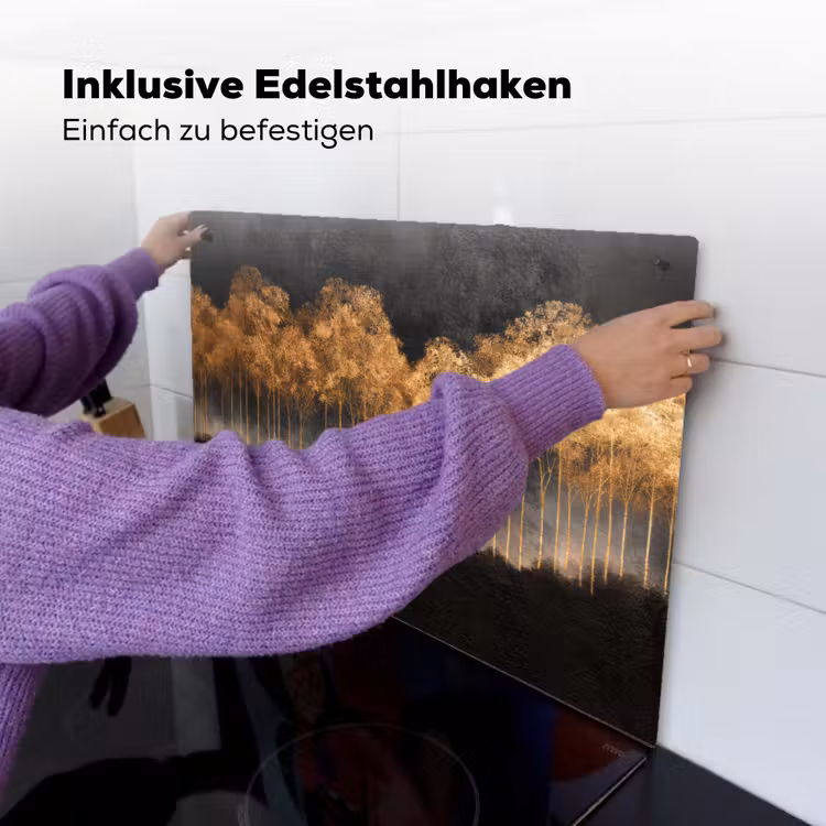 2-in-1 Herdabdeckplatte & Spritzschutz - Goldene Bäume in nebliger Landschaft - Gouden Bomen in Mistig Landschap Inductie beschemer met haakjes klein