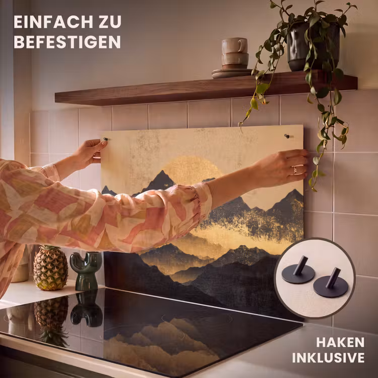2-in-1 Herdabdeckplatte & Spritzschutz - Goldene Berge bei Mondschein - Gouden Bergen bij Maanlicht Inductie beschemer met haakjes klein