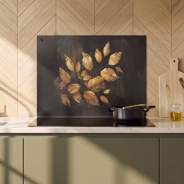 2-in-1 Herdabdeckplatte & Spritzschutz - Goldene Blätter auf dunklem Hintergrund - Gouden Bladeren op Donkere Achtergrond Inductie beschemer met haakjes klein