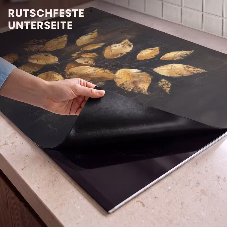 2-in-1 Herdabdeckplatte & Spritzschutz - Goldene Blätter auf dunklem Hintergrund - Gouden Bladeren op Donkere Achtergrond Inductie beschemer met haakjes klein