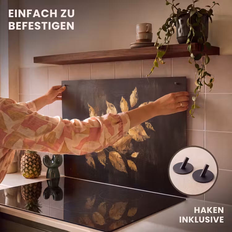 2-in-1 Herdabdeckplatte & Spritzschutz - Goldene Blätter auf dunklem Hintergrund - Gouden Bladeren op Donkere Achtergrond Inductie beschemer met haakjes klein