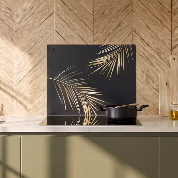 2-in-1 Herdabdeckplatte & Spritzschutz - Goldene Eleganz der Tropen - Gouden Elegantie van de Tropen Inductie beschemer met haakjes middel