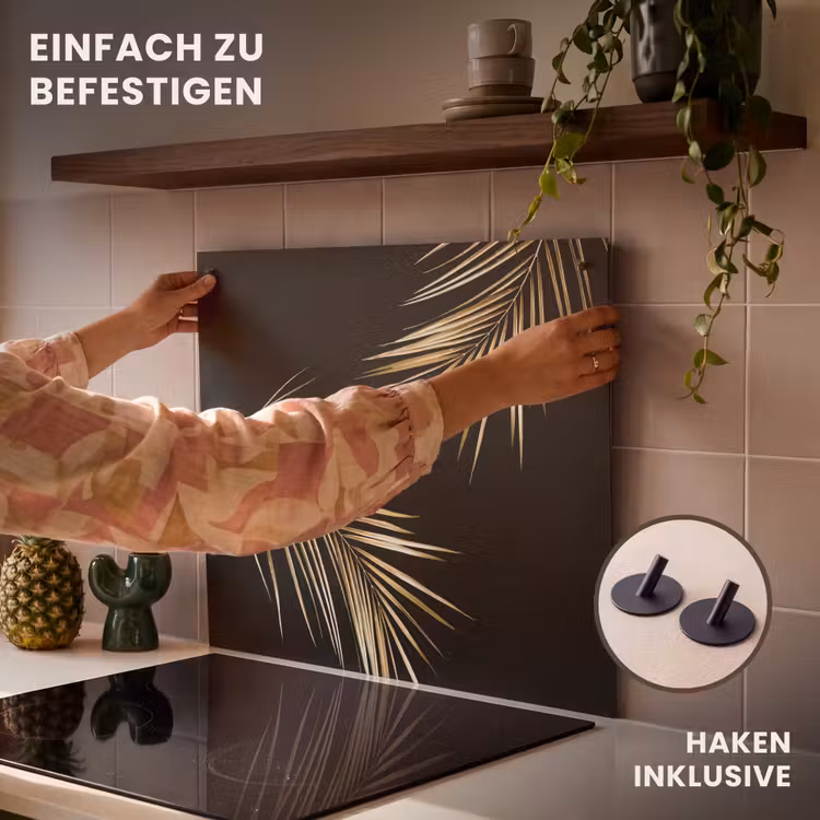 2-in-1 Herdabdeckplatte & Spritzschutz - Goldene Eleganz der Tropen - Gouden Elegantie van de Tropen Inductie beschemer met haakjes middel