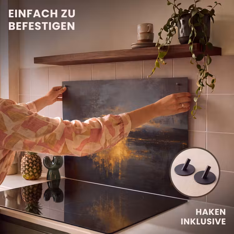 2-in-1 Herdabdeckplatte & Spritzschutz - Goldene Reflexion auf dem Wasser - Gouden Reflectie op Water Inductie beschemer met haakjes klein