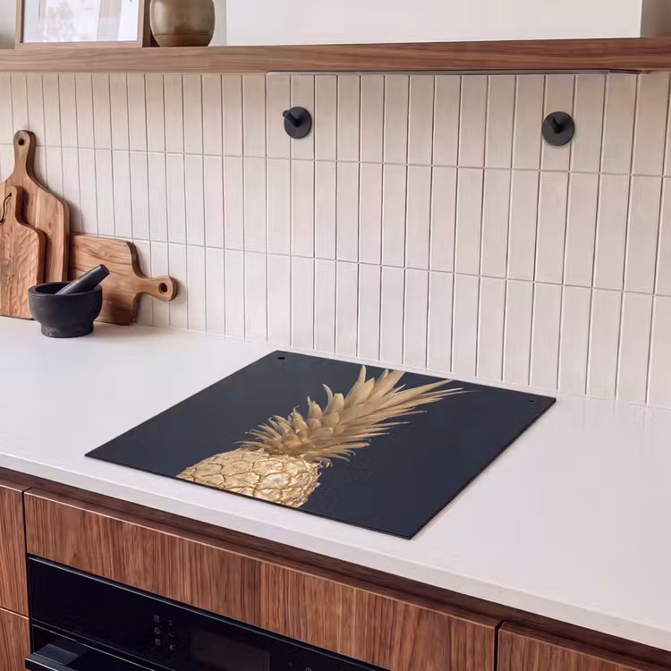 2-in-1 Herdabdeckplatte & Spritzschutz - Goldene Tropenfrucht - Gouden tropische vrucht Inductie beschemer met haakjes middel