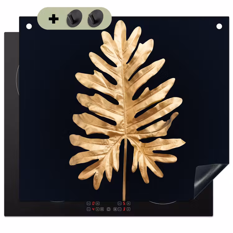 2-in-1 Herdabdeckplatte & Spritzschutz - Goldenes Monstera-Blatt - Gouden Monstera Majesteit Inductie beschemer met haakjes middel