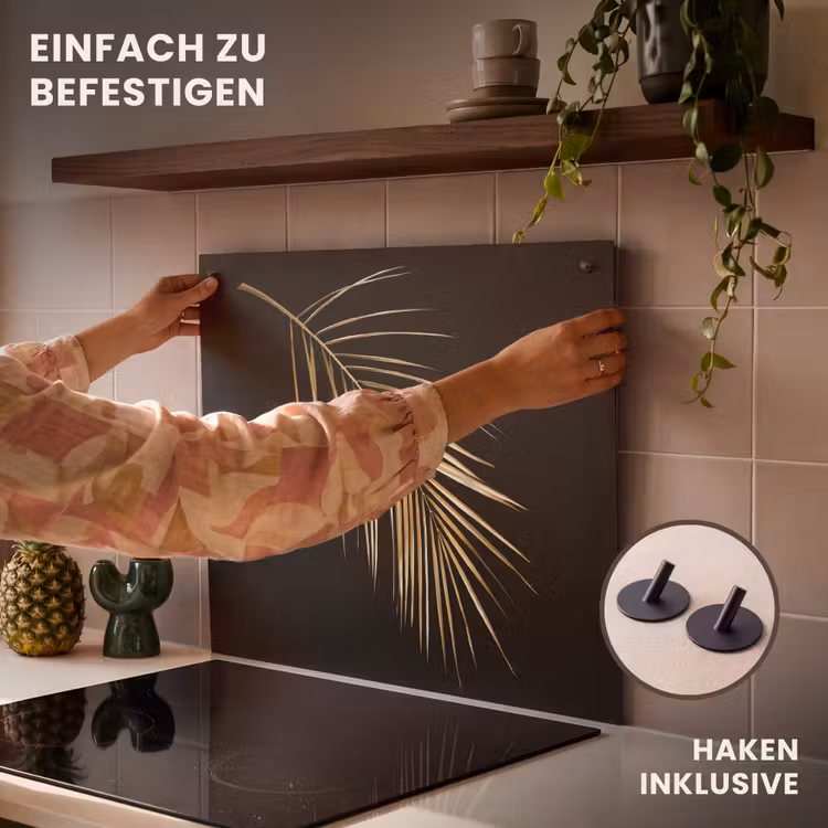2-in-1 Herdabdeckplatte & Spritzschutz - Goldenes Palmwedel - Gouden palmblad Inductie beschemer met haakjes middel