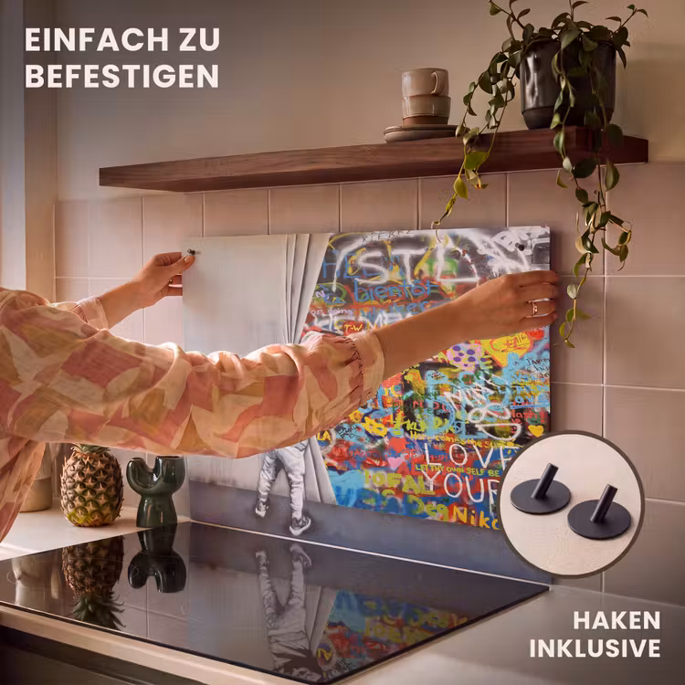 2-in-1 Herdabdeckplatte & Spritzschutz - Graffiti - Illusion - Junge - Straßenkunst - Graffiti - Illusie - Jongen - Street art Inductie beschemer met haakjes klein