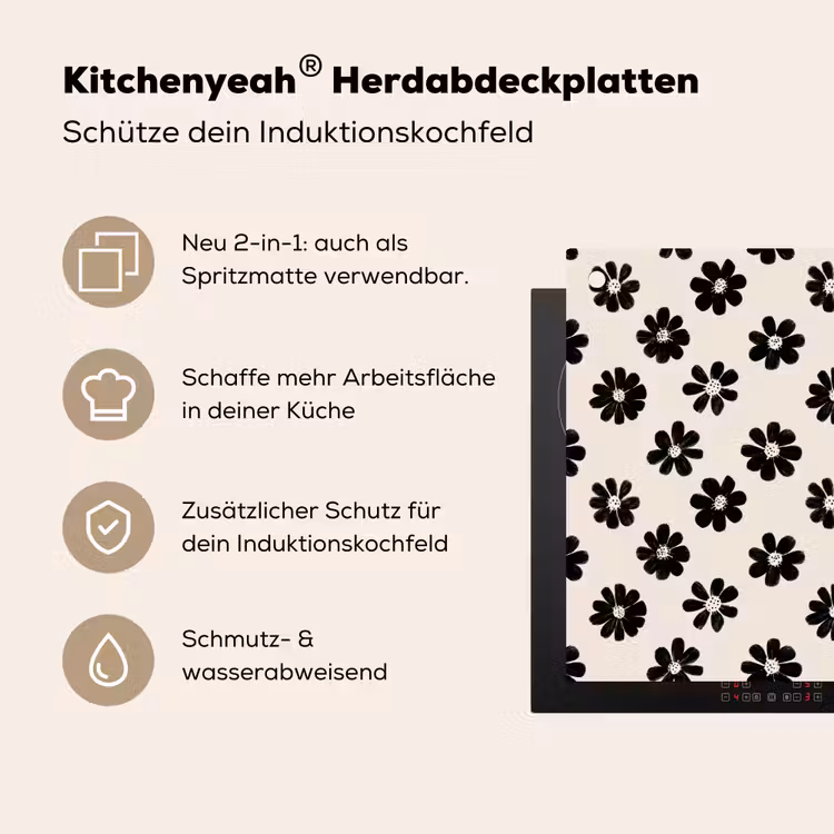 Grafisch - Madeliefjes - Zwart - Beige Inductie beschemer met haakjes klein 777 -ky-usp-de