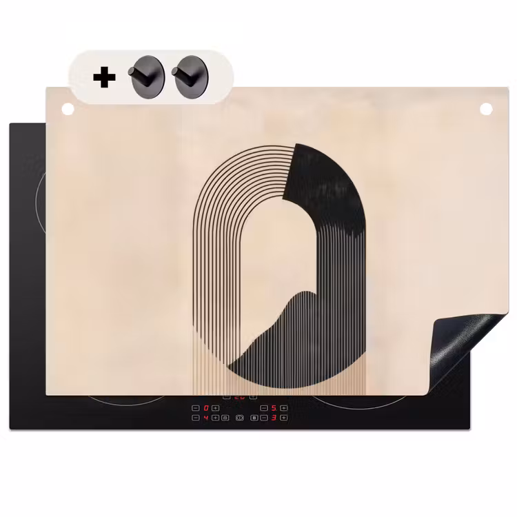 2-in-1 Herdabdeckplatte & Spritzschutz - Grafisches geschwungenes Muster - Beige - Grafisch gebogen motief - Beige Inductie beschemer met haakjes klein
