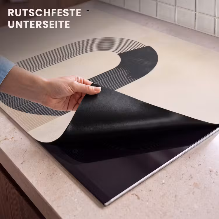 2-in-1 Herdabdeckplatte & Spritzschutz - Grafisches geschwungenes Muster - Beige - Grafisch gebogen motief - Beige Inductie beschemer met haakjes klein
