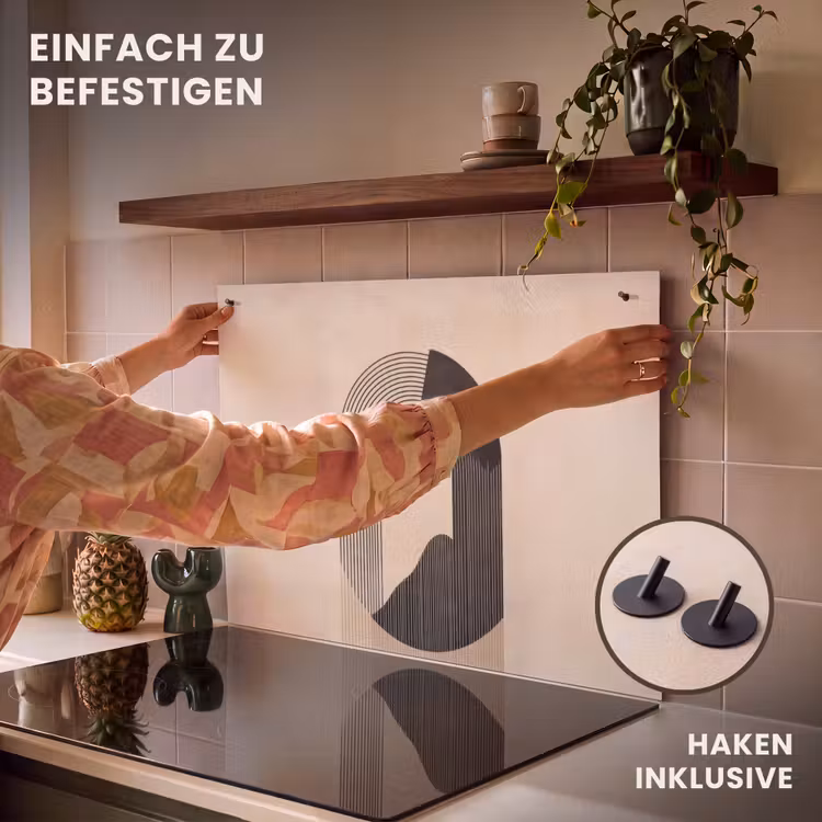 2-in-1 Herdabdeckplatte & Spritzschutz - Grafisches geschwungenes Muster - Beige - Grafisch gebogen motief - Beige Inductie beschemer met haakjes klein