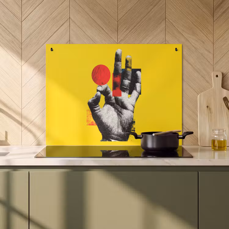 2-in-1 Herdabdeckplatte & Spritzschutz - Hand - Roter Kreis - Gelb - Hand - Rode cirkel - Geel Inductie beschemer met haakjes klein
