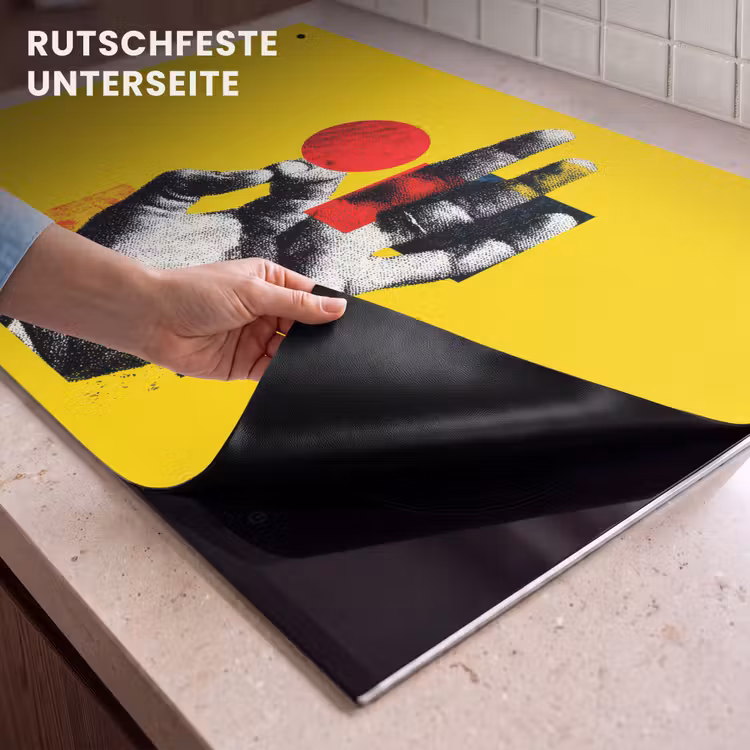 2-in-1 Herdabdeckplatte & Spritzschutz - Hand - Roter Kreis - Gelb - Hand - Rode cirkel - Geel Inductie beschemer met haakjes klein