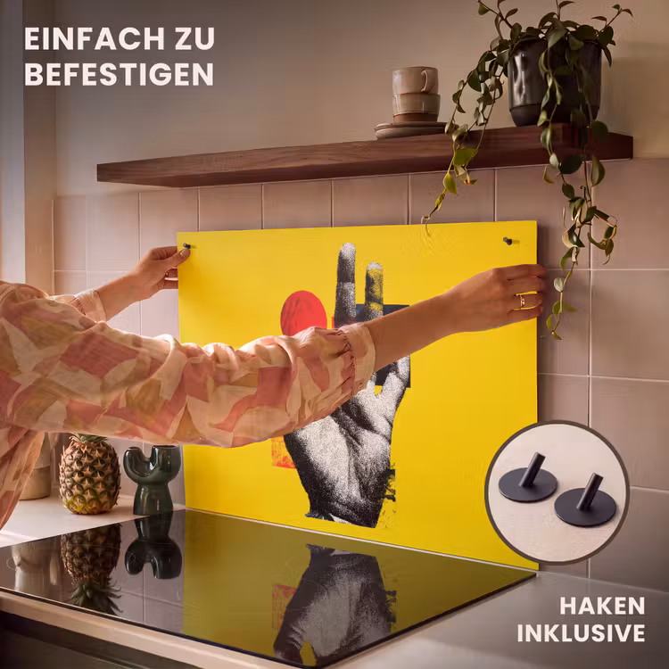 2-in-1 Herdabdeckplatte & Spritzschutz - Hand - Roter Kreis - Gelb - Hand - Rode cirkel - Geel Inductie beschemer met haakjes klein
