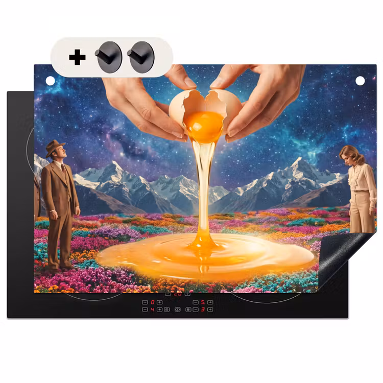 2-in-1 Herdabdeckplatte & Spritzschutz - Hände – Ei – Surrealismus - Handen - Ei - Surrealisme Inductie beschemer met haakjes klein
