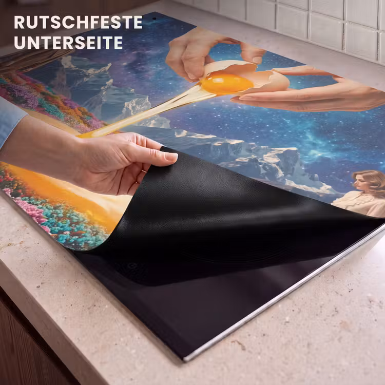 2-in-1 Herdabdeckplatte & Spritzschutz - Hände – Ei – Surrealismus - Handen - Ei - Surrealisme Inductie beschemer met haakjes klein