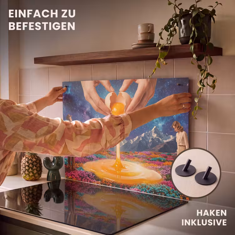 2-in-1 Herdabdeckplatte & Spritzschutz - Hände – Ei – Surrealismus - Handen - Ei - Surrealisme Inductie beschemer met haakjes klein