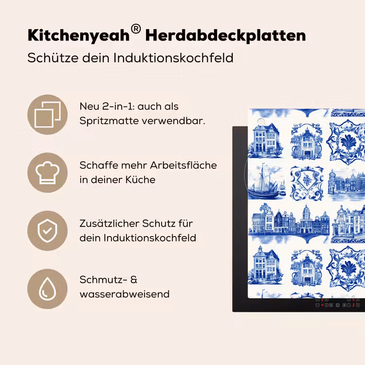 Huizen - Schepen - Blauw Inductie beschemer met haakjes klein 777 -ky-usp-de