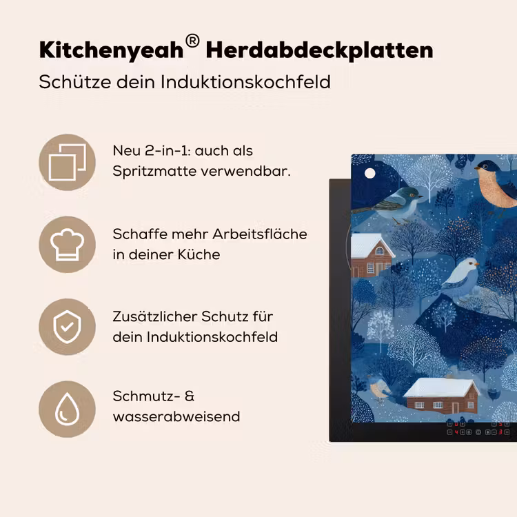 Huisjes - Vogels - Sneeuw - Winter - Blauw Inductie beschemer met haakjes klein 777 -ky-usp-de