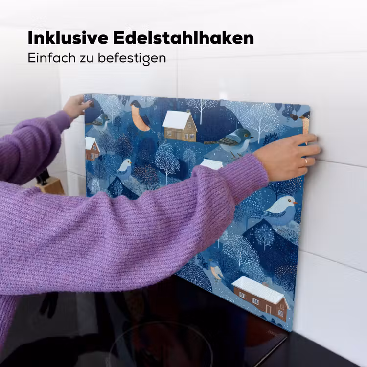 Huisjes - Vogels - Sneeuw - Winter - Blauw Inductie beschemer met haakjes klein 777 -ky-ophangen-de