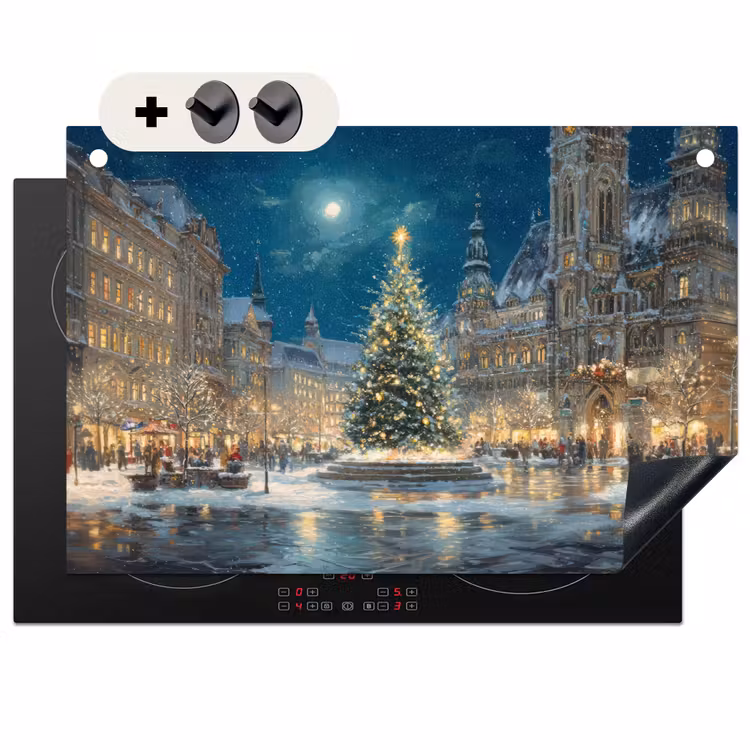 2-in-1 Herdabdeckplatte & Spritzschutz - Heiligabend - Town Square - Mehrfarbig - Kerstnacht - Stadsplein - Meerkleurig Inductie beschemer met haakjes klein