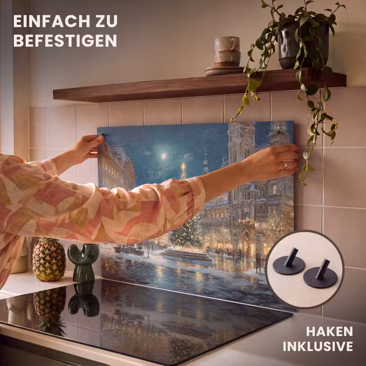 2-in-1 Herdabdeckplatte & Spritzschutz - Heiligabend - Town Square - Mehrfarbig - Kerstnacht - Stadsplein - Meerkleurig Inductie beschemer met haakjes klein