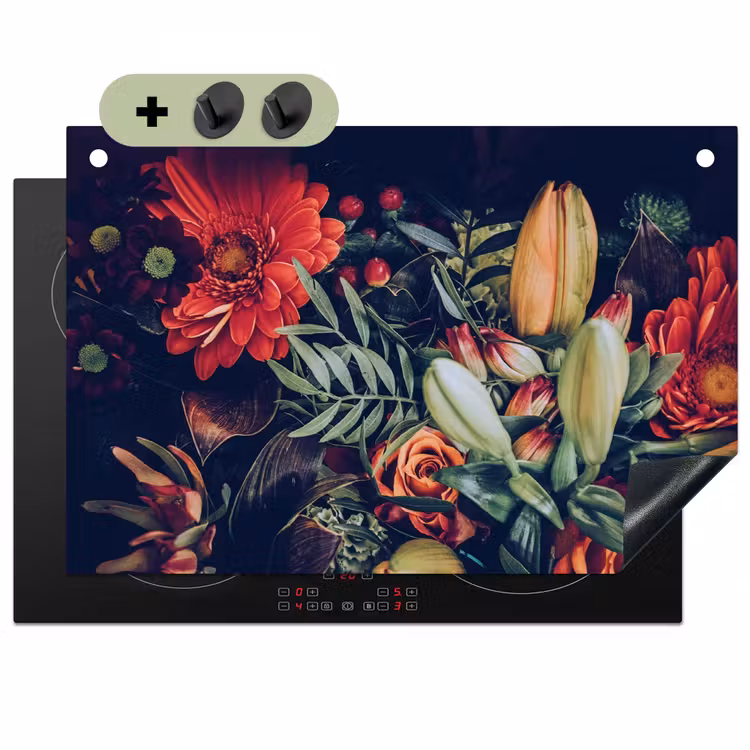 2-in-1 Herdabdeckplatte & Spritzschutz - Herbstliche Blumenpracht - Herfstige Bloemenpracht Inductie beschemer met haakjes klein