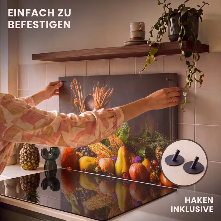 2-in-1 Herdabdeckplatte & Spritzschutz - Herbstliche Blütenpracht in Morning Glow - Herfstbounty in Ochtendgloed Inductie beschemer met haakjes klein