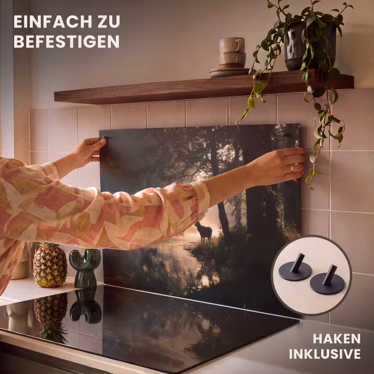2-in-1 Herdabdeckplatte & Spritzschutz - Hirsche - Waldbach - Mystisch - Hert - Bosbeek - Mystiek Inductie beschemer met haakjes klein