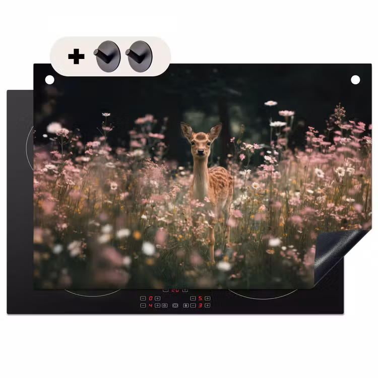 2-in-1 Herdabdeckplatte & Spritzschutz - Hirsche - Wildblumen - Wald - Hert - Wilde bloemen - Bos Inductie beschemer met haakjes klein