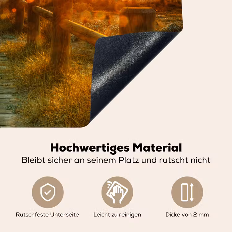 2-in-1 Herdabdeckplatte & Spritzschutz - Hölzerner Pfad zum Sonnenuntergang - Houten Pad naar de Zonsondergang Inductie beschemer met haakjes klein