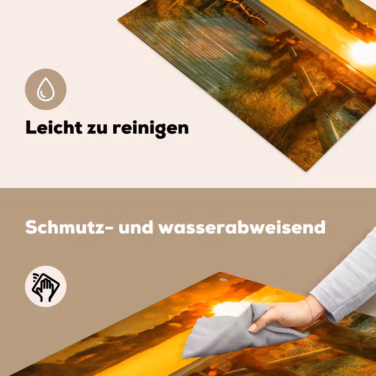 2-in-1 Herdabdeckplatte & Spritzschutz - Hölzerner Pfad zum Sonnenuntergang - Houten Pad naar de Zonsondergang Inductie beschemer met haakjes klein