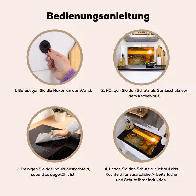 2-in-1 Herdabdeckplatte & Spritzschutz - Hölzerner Pfad zum Sonnenuntergang - Houten Pad naar de Zonsondergang Inductie beschemer met haakjes klein