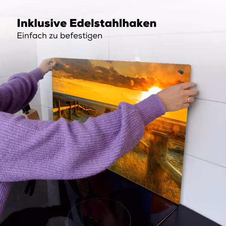 2-in-1 Herdabdeckplatte & Spritzschutz - Hölzerner Pfad zum Sonnenuntergang - Houten Pad naar de Zonsondergang Inductie beschemer met haakjes klein