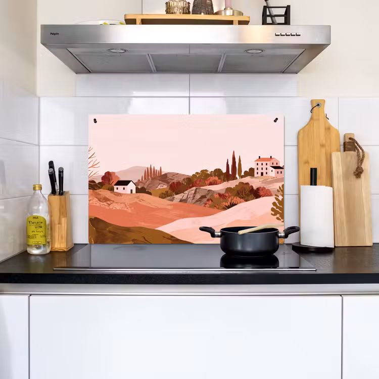 Heuvellandschap - Grafisch - Terracotta Inductie beschemer met haakjes klein -sfeer2