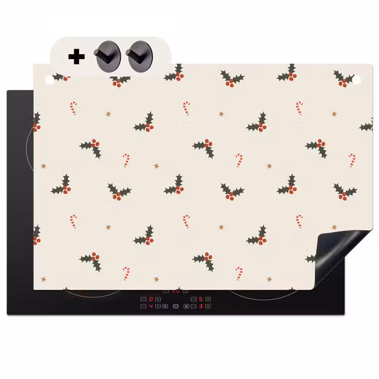 2-in-1 Herdabdeckplatte & Spritzschutz - Illustration - Stechpalmenzweige - Azurblaue Stöcke - Beige - Illustratie - Hulsttakken - Zuurstokken - Beige Inductie beschemer met haakjes klein 777
