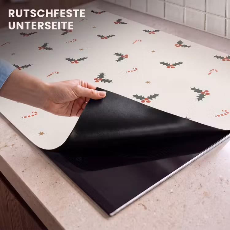 2-in-1 Herdabdeckplatte & Spritzschutz - Illustration - Stechpalmenzweige - Azurblaue Stöcke - Beige - Illustratie - Hulsttakken - Zuurstokken - Beige Inductie beschemer met haakjes klein 777