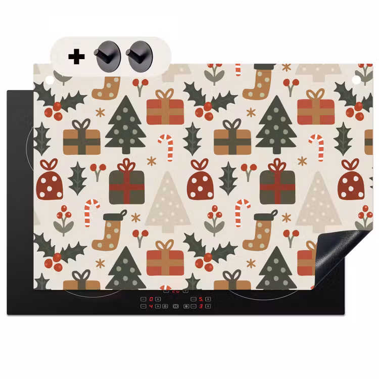 2-in-1 Herdabdeckplatte & Spritzschutz - Illustration - Weihnachtsfiguren - Beige — 1