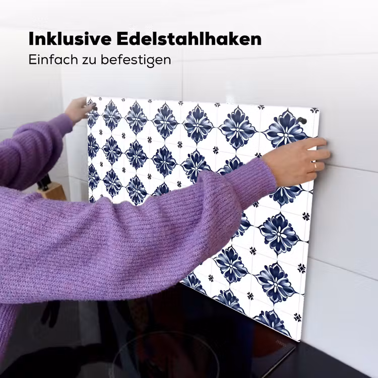Tegelmotief - Blauw - Wit - Bloem Inductie beschemer met haakjes klein 777 -ky-ophangen-de