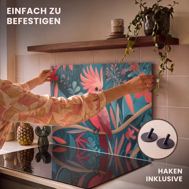 2-in-1 Herdabdeckplatte & Spritzschutz - Kakadu - Tropische Blätter - Zweig - Kaketoe - Tropische bladeren - Tak Inductie beschemer met haakjes klein