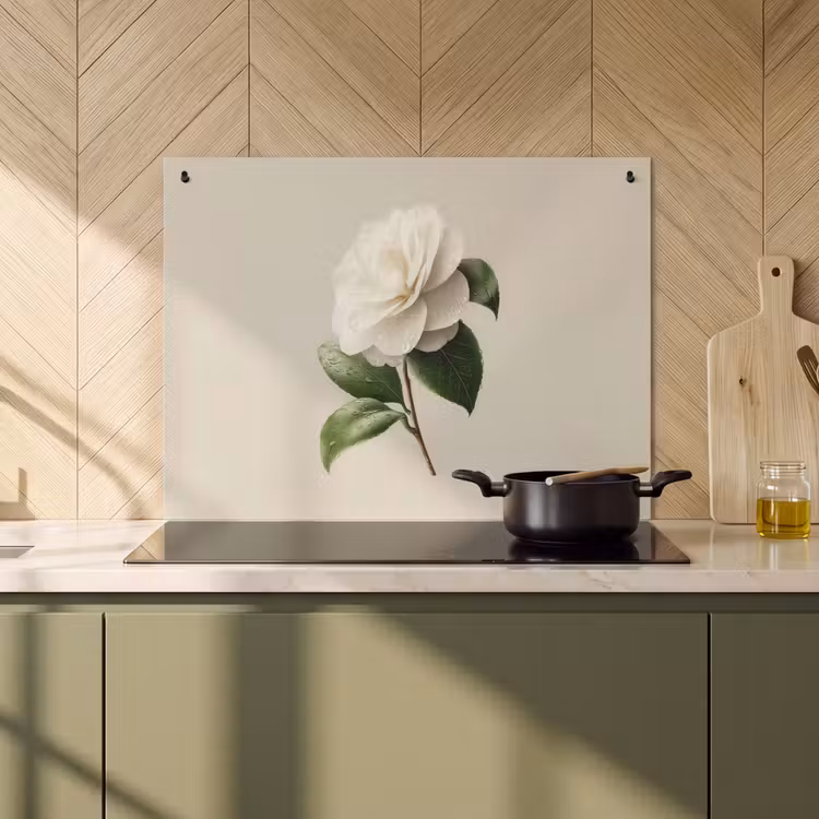 2-in-1 Herdabdeckplatte & Spritzschutz - Kamelienblüte - Weiß - Grün - Cameliabloem - Wit - Groen Inductie beschemer met haakjes klein