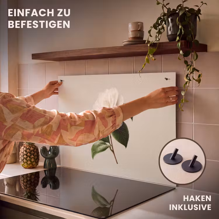 2-in-1 Herdabdeckplatte & Spritzschutz - Kamelienblüte - Weiß - Grün - Cameliabloem - Wit - Groen Inductie beschemer met haakjes klein