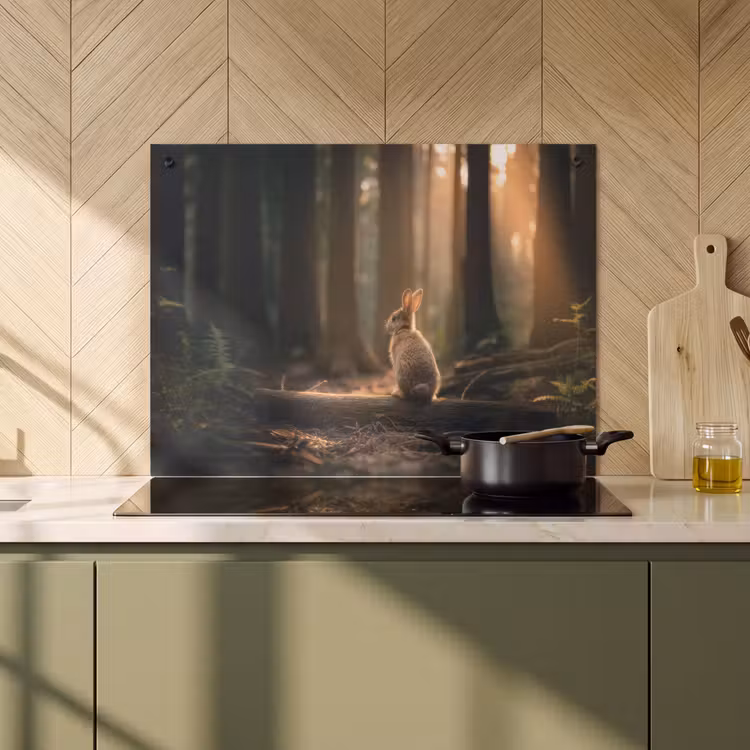 2-in-1 Herdabdeckplatte & Spritzschutz - Kaninchen - Wald - Sonnenstrahlen - Konijn - Bos - Zonnestralen Inductie beschemer met haakjes klein