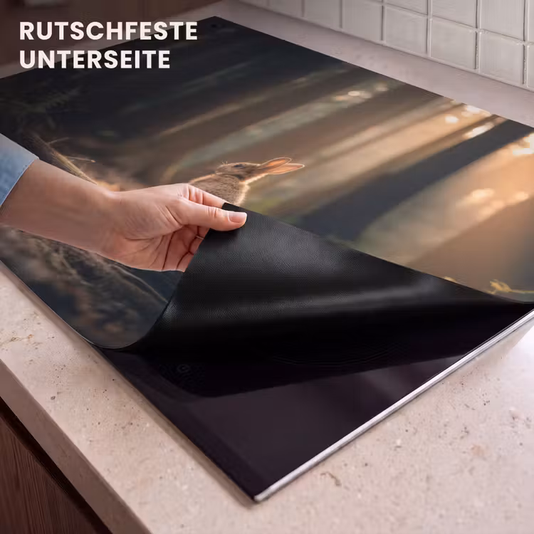 2-in-1 Herdabdeckplatte & Spritzschutz - Kaninchen - Wald - Sonnenstrahlen - Konijn - Bos - Zonnestralen Inductie beschemer met haakjes klein