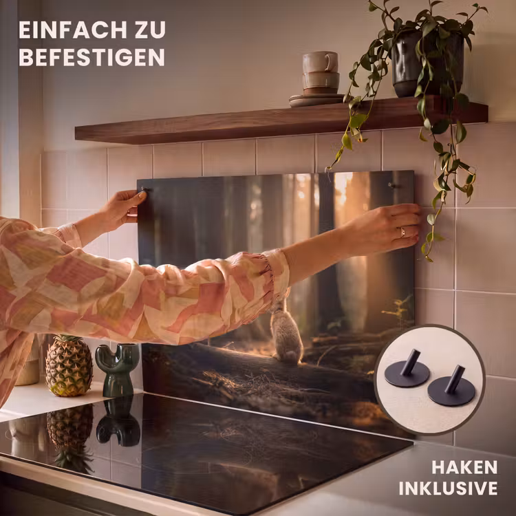 2-in-1 Herdabdeckplatte & Spritzschutz - Kaninchen - Wald - Sonnenstrahlen - Konijn - Bos - Zonnestralen Inductie beschemer met haakjes klein