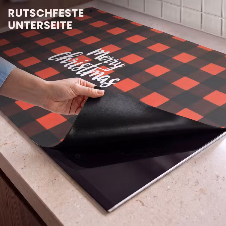 2-in-1 Herdabdeckplatte & Spritzschutz - Kariert - Rot - Text - Weihnachten - Geruit - Rood - Tekst - Christmas Inductie beschemer met haakjes klein